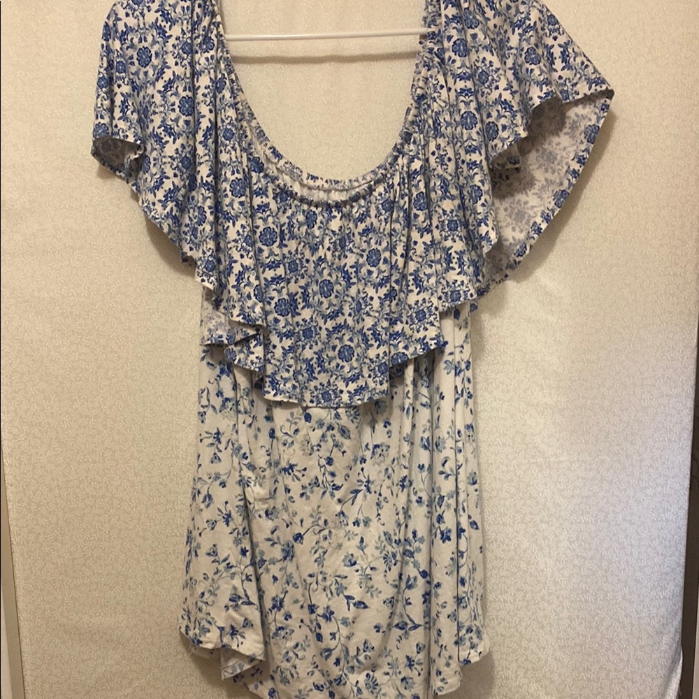 Woman Within Blue and White Floral Top